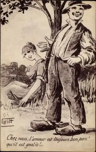 Künstler Ak Griff, Liebespaar, Junge Frau am Baum, Chez nous, l'amour est toujours bon parc...
