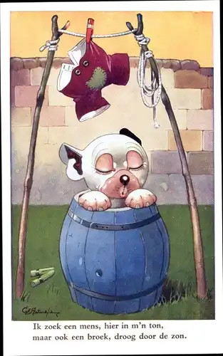 Künstler Ak Studdy, George, E., Bonzo the Dog, Hund im Fass