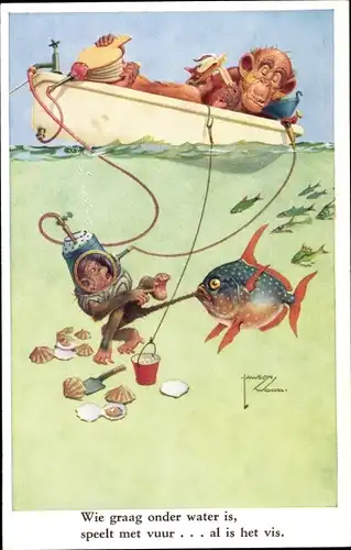 Künstler Ak Wood, Lawson, Fisch hat Taucher am Schwanz, vermenschlichte Affen, Angler im Boot
