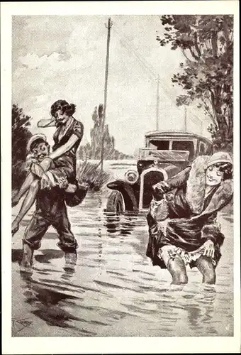 Künstler Ak Conrad, G., Incidents de la Route, Route inondée, Frauen, Strümpfe