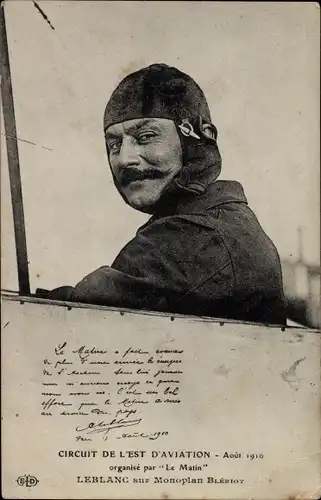 Ak Circuit de l'Est d'Aviation 1910, Leblanc sur Monoplan Bleriot