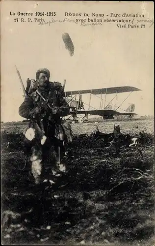 Ak La Guerre 1914-1915, Region du Nord, Parc d'Aviation avec ballon observateur