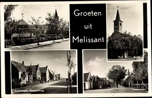 Ak Melissant Südholland, Julianaweg, Ned. Herv. Kerk, Verlengde Binnenweg, Voorstraat