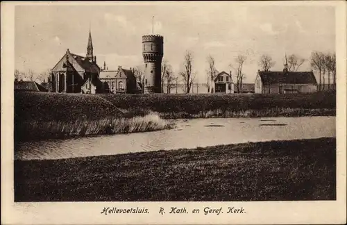 Ak Hellevoetsluis Südholland, R. Kath. en Geref. Kerk., Watertoren