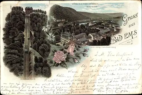 Litho Bad Ems an der Lahn, Hotel z.d. vier Türmen, Malbergbahn, neue Kirche