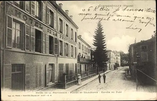 Ak Contrexéville Lothringen Vosges, Hotel de la Providence, Postes et Telegraphes, Entree du Parc