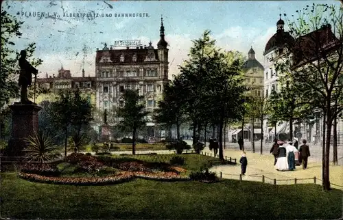 Ak Plauen im Vogtland, Albertplatz und Bahnhofstraße, Denkmal, Geschäftshaus M. Schneider