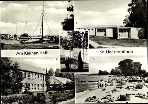 Ak Ueckermünde, Hafen, Strandhalle, Haffjungfrau Ilona, Urlaubersiedlung Haffblick, POS August Bebel