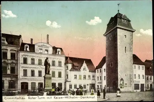 Ak Crimmitschau in Sachsen, Roter Turm, Kaiser Wilhelm Denkmal