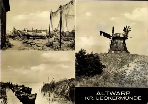 Ak Altwarp in Vorpommern, Windmühle, Fischernetze, Anlegestelle