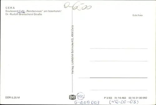 Ak Gera in Thüringen, Boulevard-Café Randezvous am Interhotel, Dr. Rudolf-Breitscheid-Straße