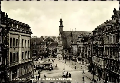 Ak Zwickau in Sachsen, Hauptmarkt mit Rathaus und Stadttheater