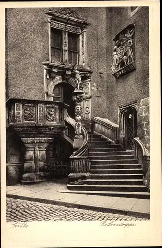 Ak Görlitz in Sachsen, Rathaustreppe, Statuen