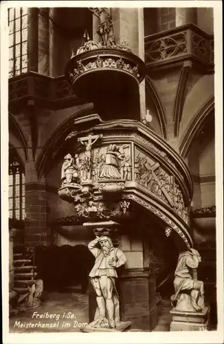 Ak Freiberg Sachsen, Blick auf die Meisterkanzel im Dom, Relief, Statue