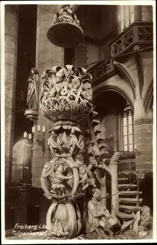 Ak Freiberg Sachsen, Tulpenkanzel im Dom, Statue