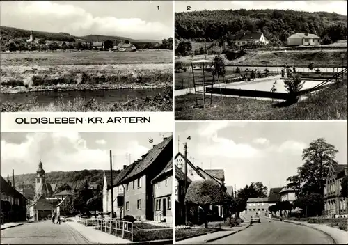 Ak Oldisleben Unstrut, Panorama, Karl Marx Straße, Marktstraße, Schwimmbad