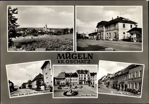 Ak Mügeln Sachsen, Bahnhof, Neue Str., Karl Plate Lichtspiele, Dr. Friedrichs Str., Karl-Marx-Platz