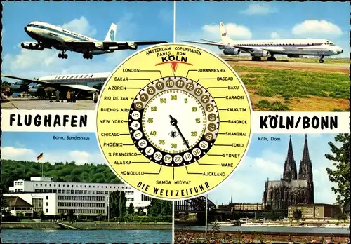 Ak Köln am Rhein, Kölner Dom, Bundeshaus Bonn, Flughafen Köln Bonn, Weltzeituhr, Flugzeuge