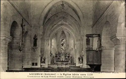 Ak Lucheux Somme, Eglise batie vers, Kirche, Innenansicht, Altarraum, Kanzel