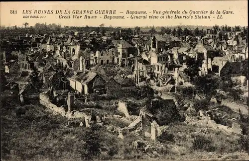 Ak Bapaume Pas de Calais, Quartier de la Gare, ruines