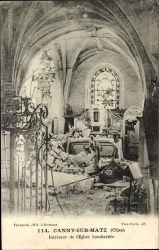 Ak Canny-Sur-Matz Oise, Interieur de l'Eglise bombardee