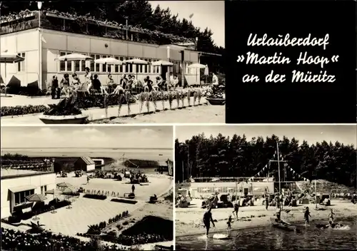 Ak Röbel an der Müritz, Urlauberdorf Martin Hoop an der Müritz, Strandpartie, Terrasse