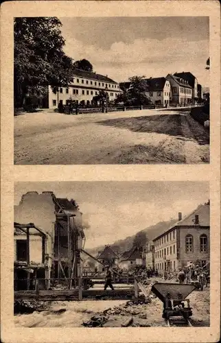 Ak Berggießhübel in Sachsen, Hauptstraße vor und nach Unwetter 1927, Hochwasser