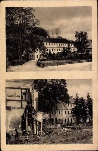 Ak Berggießhübel in Sachsen, Partie am Johann Georgen Bad vor und nach dem Unwetter 1927, Zerstörung