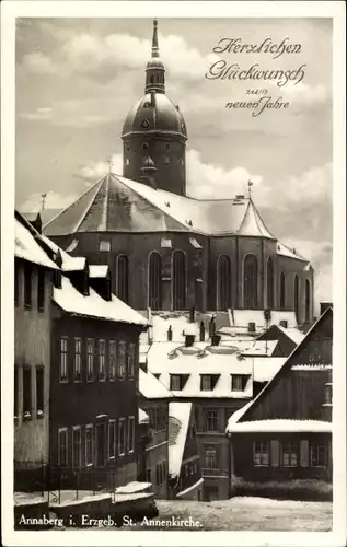 Ak Annaberg Buchholz im Erzgebirge, Blick auf St. Annenkirche, Schnee, Neujahrsgrüße