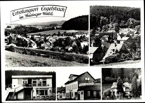 Ak Engelsbach Leinatal in Thüringen, Blick auf den Ort mit Umgebung, Gaststätte zum Paradies, Café