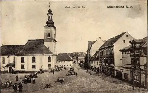 Ak Meuselwitz in Thüringen, Markt mit Kirche