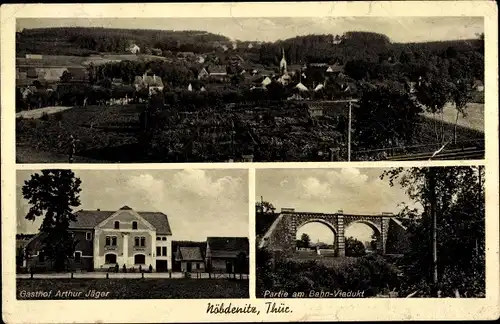 Ak Nöbdenitz in Thüringen, Gasthof von Arthur Jäger, Partie am Bahnviadukt, Brücke, Totale