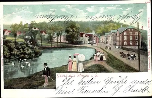Ak Wilkau Haßlau in Sachsen, Straßenpartie am Teich