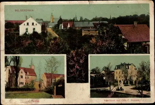 Ak Belgershain in Sachsen, Teilansicht, Konditorei und Café, Schloss