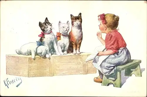 Künstler Ak Feiertag, Karl, Mädchen, vier Katzen auf einer Holzkiste