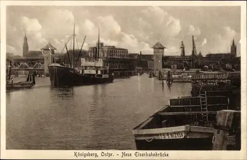 Ak Kaliningrad Königsberg Ostpreußen, Neue Eisenbahnbrücke, Hafen, Dampfer