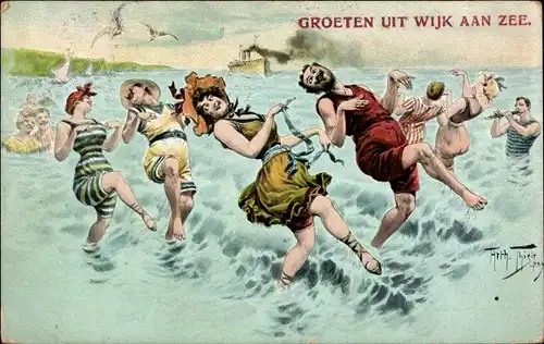 Künstler Ak Thiele, Arthur, Groeten uit Wijk an Zee, tanzende Badegäste in Bademoden