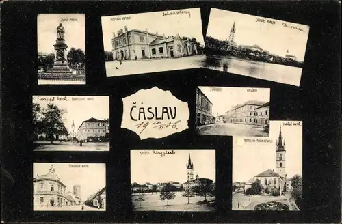 Ak Čáslav Tschaslau Mittelböhmen, Denkmal, Kirche, Theater, Teilansichten