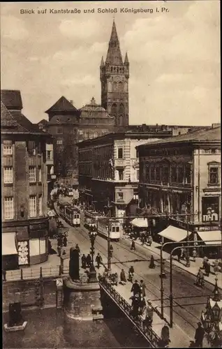 Ak Kaliningrad Königsberg Ostpreußen, Kantstraße und Schloss, Straßenbahnen, Passanten