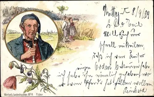 Künstler Litho Filder, Mann in Volkstracht, Pfeife, Landestrachten No 8