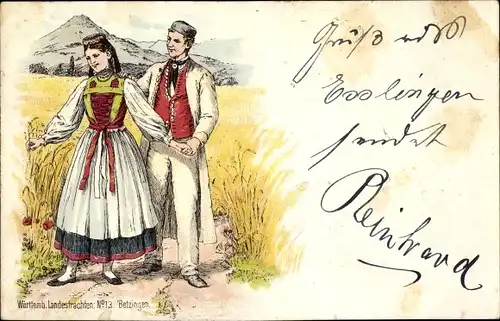 Litho Betzingen Reutlingen in Württemberg, Württemberg. Landestrachten, Paar in Tracht