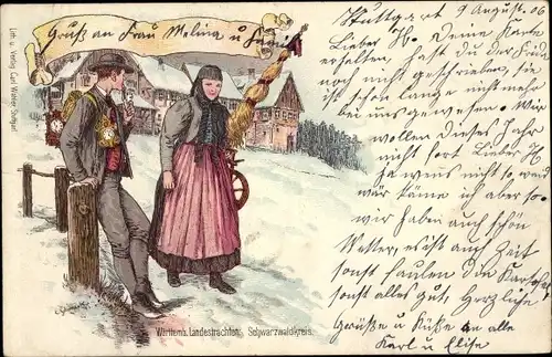 Litho Württembergische Landestrachten, Schwarzwaldkreis, Mann mit Kuckucksuhren, Frau mit Spinnrad