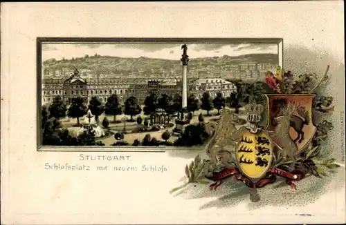 Präge Wappen Litho Stuttgart in Württemberg, Schlossplatz mit neuem Schloss