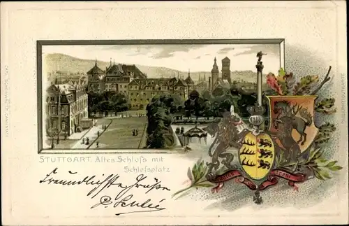 Präge Wappen Passepartout Litho Stuttgart in Württemberg, Altes Schloss, Schlossplatz