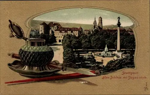 Präge Passepartout Ak Stuttgart in Württemberg, Altes Schloss, Siegessäule, Tintenfass