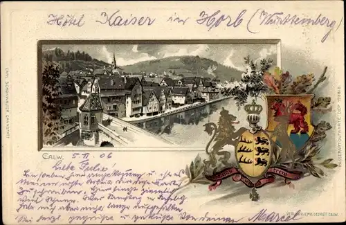 Präge Wappen Passepartout Litho Calw im Nordschwarzwald, Gesamtansicht