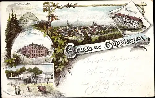 Litho Göppingen in Württemberg, Hohenstaufen, Latein und Realschule, Sauerbrunnen, Krankenhaus