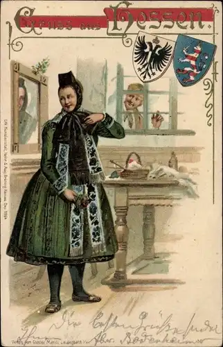 Wappen Litho Junge Frau in hessischer Tracht, Bauernstube, Mann am Fenster
