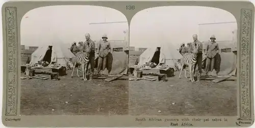 Stereo Foto Südafrika, South African gunners with their pet zebra in East Africa