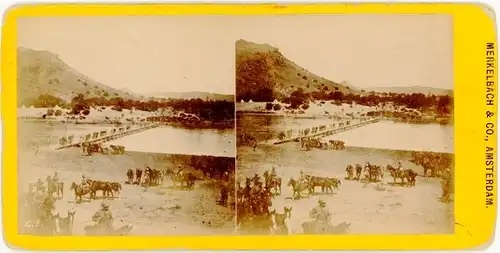 Stereo Foto Südafrika, Brug over de Oranjerivier bij Norvalspont, Engelschen trekken 1900, ponton